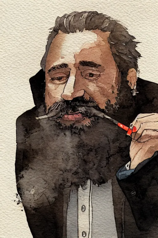 Image similar to portrait of a middle - aged writer with a beard, he is smoking a cigarette, watercolor style of greg rutkowski