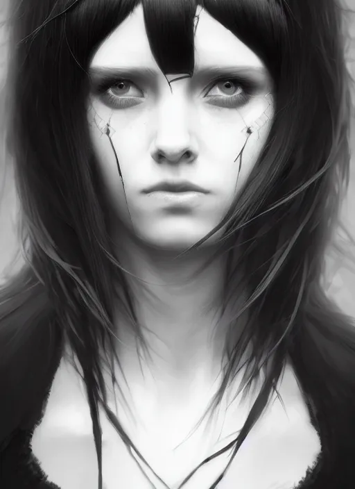 Image similar to portrait of white teenage girl, normal face, black bangs, mall goth, cyberlox, black and white hair, bangs, fluffy bangs, intricate, elegant, highly detailed, digital painting, artstation, concept art, sharp focus, smooth, illustration, art by wlop, mars ravelo and greg rutkowski