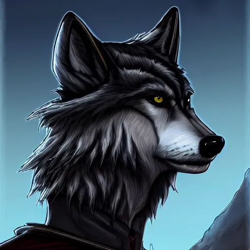 Prompt: an anthropomorphic wolf in a black doublet looking out over the hills, red eyes, artstation hq, stylized, sharp focus, concept art, furaffinity fursona, furry, anthropomorphic, digital art by ayami kojima