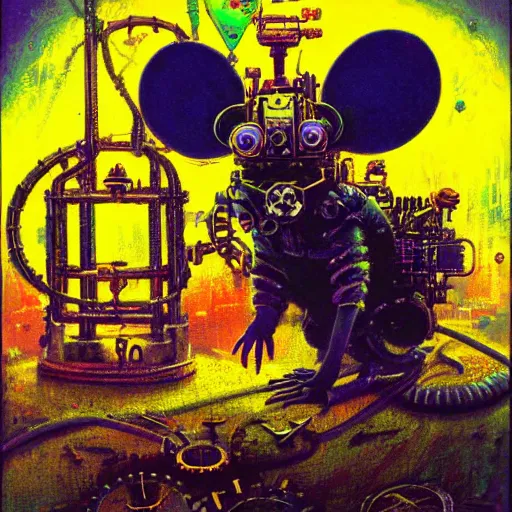 Image similar to steampunk rat, acid, 303, psychedelic, by paul lehr