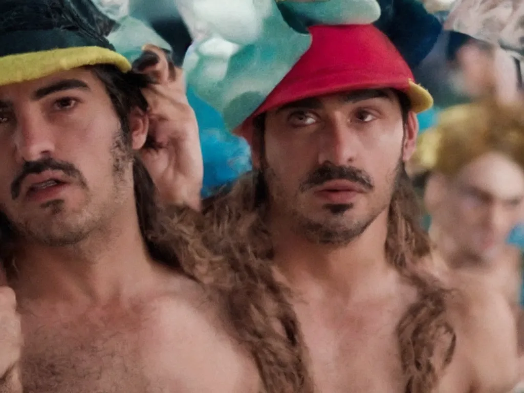 Image similar to Close up of mario in a hat in Harmony Korine Spring Breakers film aesthetic!!!