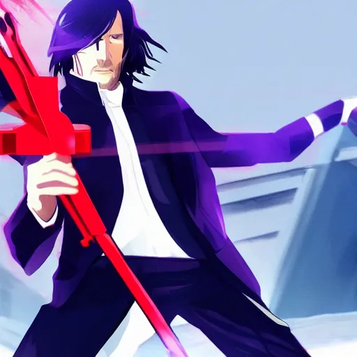 Image similar to john wick wielding the red scissor blade from kill la kill