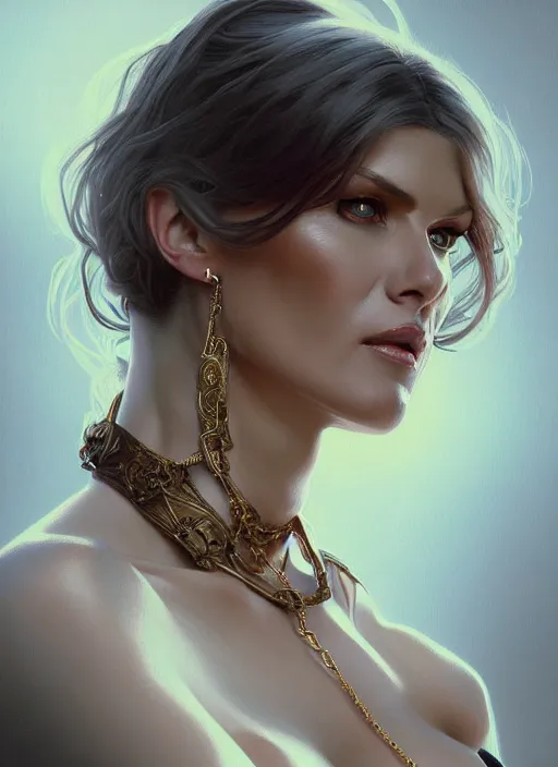 Image similar to portrait of victoria silvstedt as a lady, collar and leash, jewelry, greek, dark, intricate, headshot, highly detailed, digital painting, artstation, concept art, sharp focus, cinematic lighting, illustration, art by artgerm and greg rutkowski, alphonse mucha, cgsociety