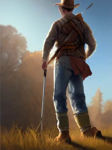 Prompt: portrait of a youthful handsome man walking in a rural area holding a staff. intricate, elegant, highly detailed, digital painting, artstation, concept art, sharp focus, illustration, by justin gerard and artgerm, 8 k