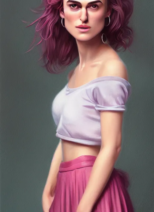 Image similar to full body portrait, teenage keira knightley, pink hair, sultry, realistic, hoop earrings, skirt, shirt, intricate, elegant, highly detailed, digital painting, artstation, concept art, smooth, sharp focus, illustration, art by wlop, mars ravelo and greg rutkowski