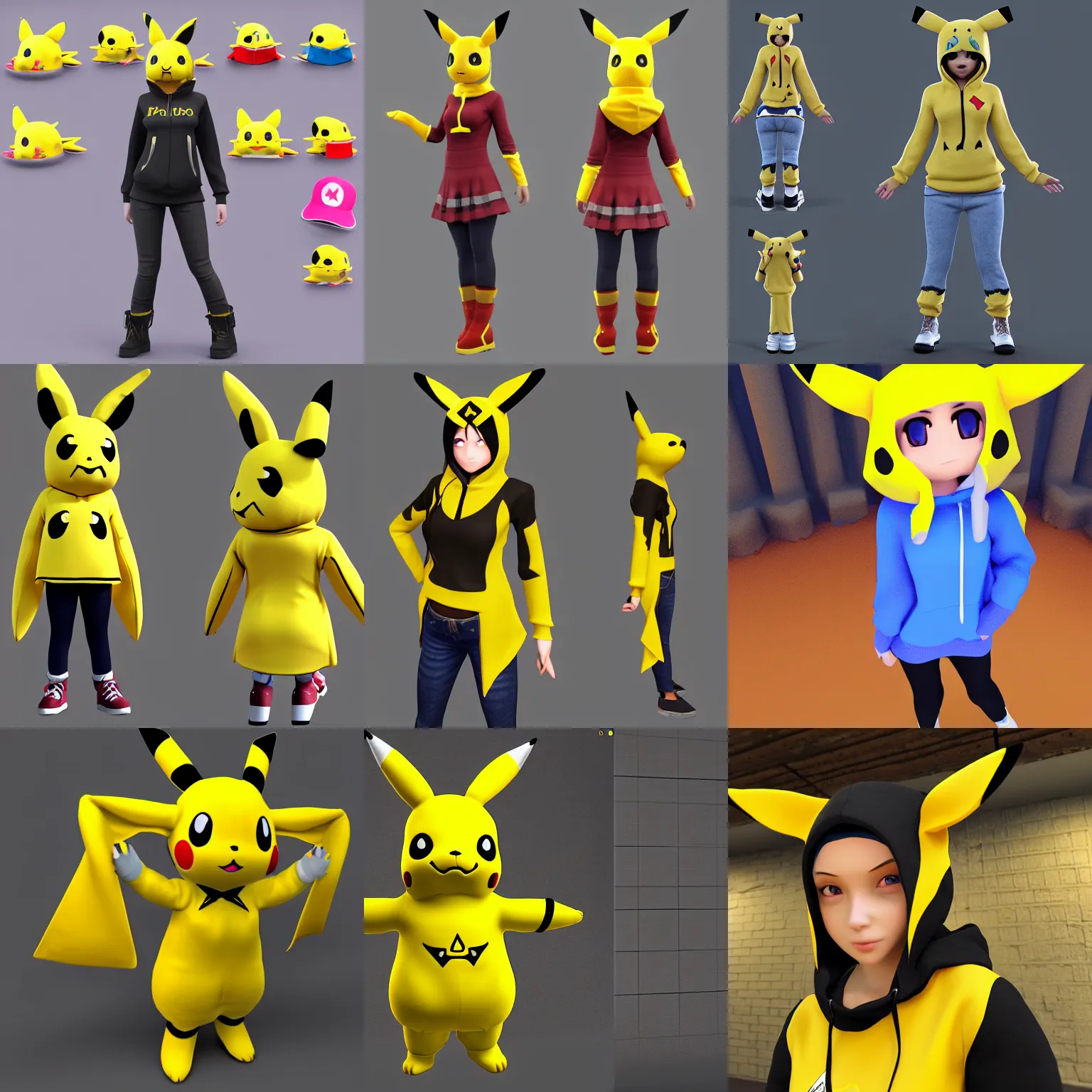 Prompt: vrchat 3 d model of a girl in a pikachu hoodie, hq render, detailed textures, artstationhd, booth. pm, highly detailed attributes and atmosphere, dim volumetric cinematic lighting, hd, unity unreal engine
