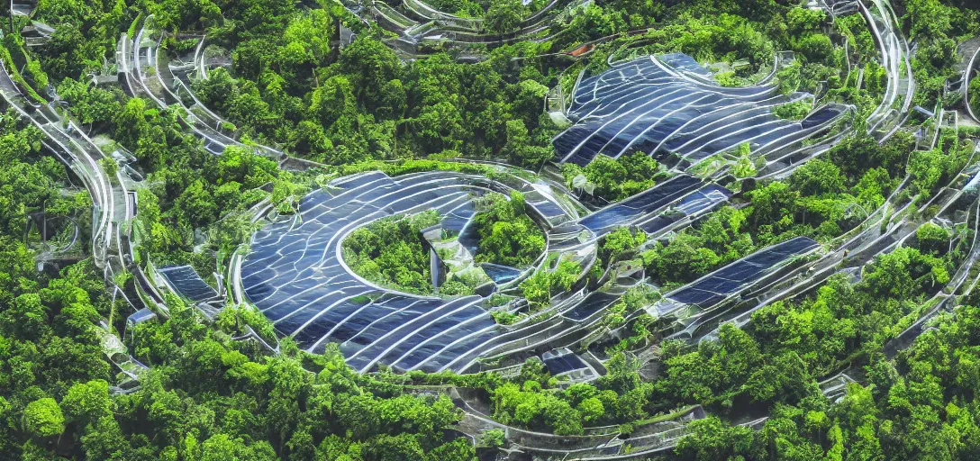 Image similar to photography of a futuristic landscape of a solarpunk city in the middle of the jungle designed by alvar aalto and taras shevchenko and le corbusier, dslr, 1 1 0 mm, sharp focus