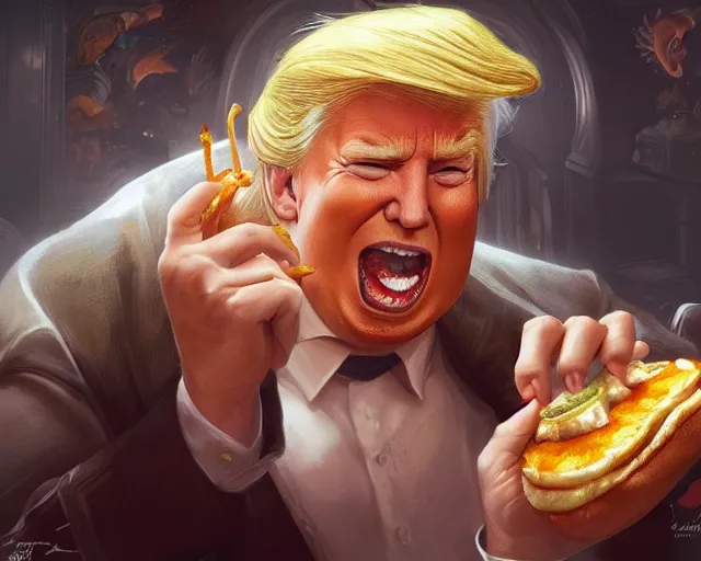 Image similar to donald trump licking a cheeseburger, deep focus, fantasy, intricate, highly detailed, digital painting, artstation, concept art, matte, sharp focus, illustration, hearthstone, art by artgerm and greg rutkowski and alphonse mucha