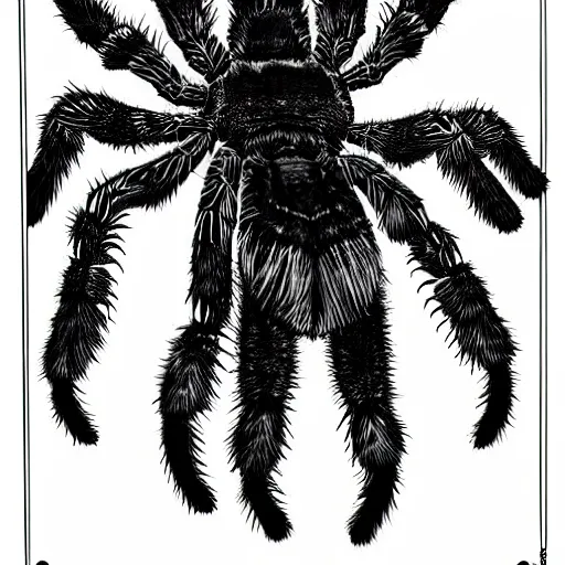 Image similar to book illustration of a tarantula with a machine gun mounted on its back. book illustration, monochromatic, white background, black and white image