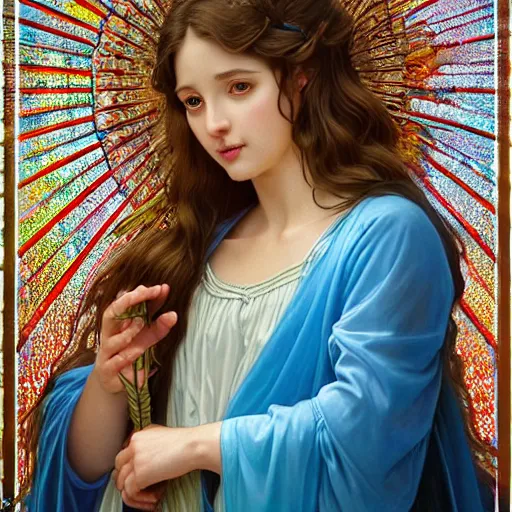 Image similar to Portrait of beautiful young female archangel girl maiden angel wearing flowing robes, long cyan hair, luminescent blue eyes, vivid colors, colorful, photorealistic, high dynamic range, HDR, intricate, elegant, highly detailed, digital painting, artstation, concept art, smooth, sharp focus, illustration, art by artgerm and greg rutkowski and alphonse mucha and andrei riabovitchev