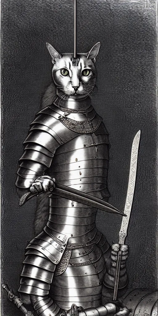 Image similar to engraving portrait of humanoid cat with sword in medieval armoury by gustave dore. trending on deviant art, street art, chillwave, maximalist, full of color, glittering, 8 k, hd