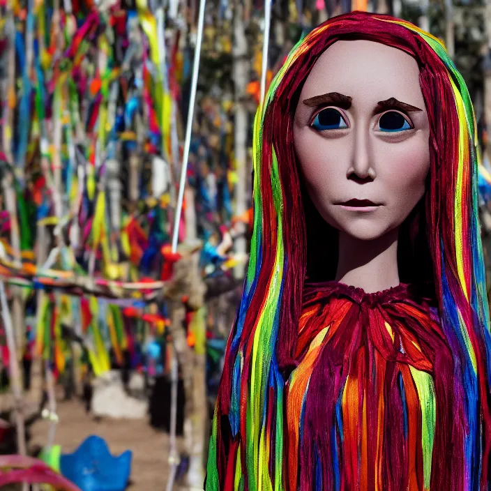 Image similar to a closeup portrait of a woman wearing a cloak made of ribbons, standing next to an empty swing playground, stop motion animation, claymation, anomalisa, 8 k, medium - format print