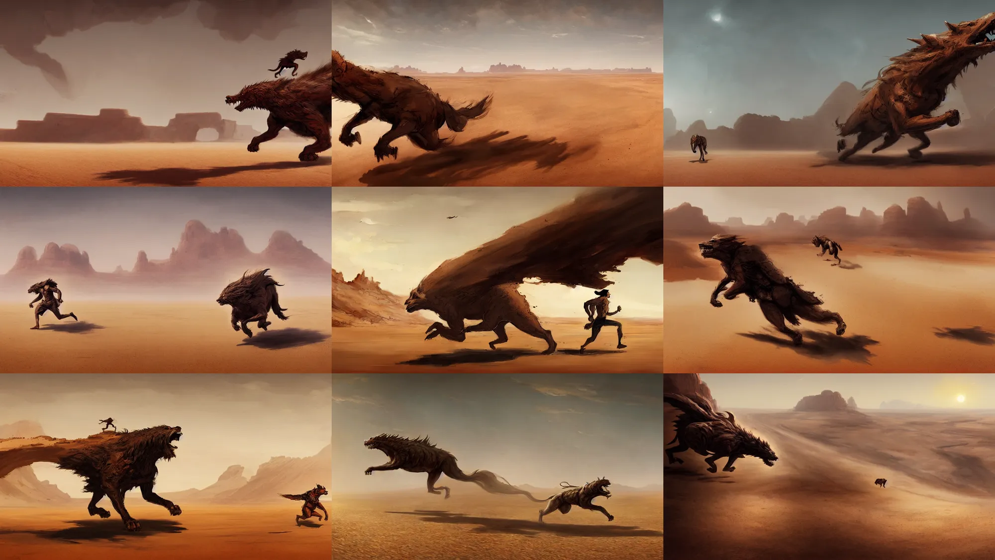 Prompt: beast running across the open desert, empty desert, sand, karst landscape, wide shot, concept art by greg rutkowski