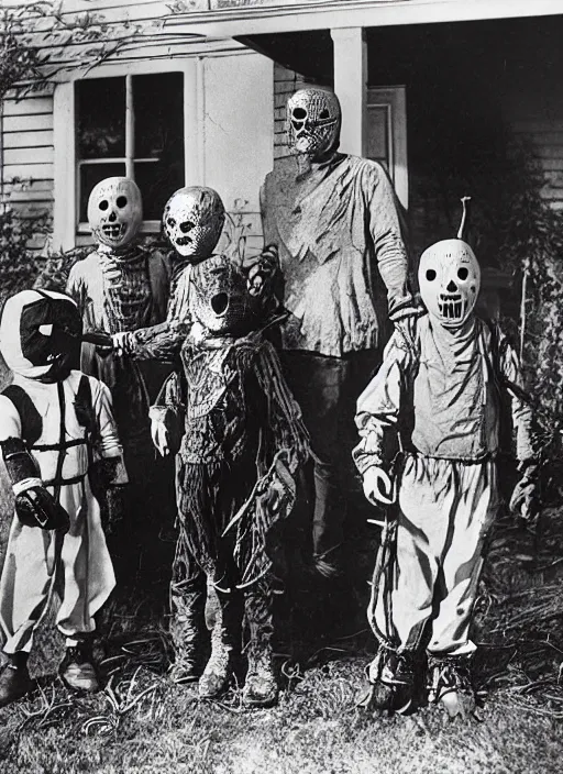 Image similar to photograph from 1909 of Halloween trick or treaters wearing Jason Voorhees costumes and Freddy Krueger costumes, highly detailed, vintage film