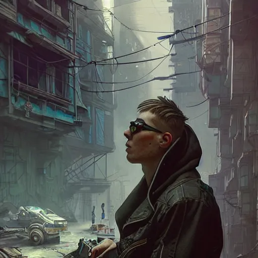 Image similar to A cyberpunk gopnik on the street of a Soviet slum on the moon, sci-fi, fantasy, intricate, very very beautiful, elegant, highly detailed, digital painting, artstation, concept art, smooth, sharp focus, illustration, art by artgerm and greg rutkowski and alphonse mucha