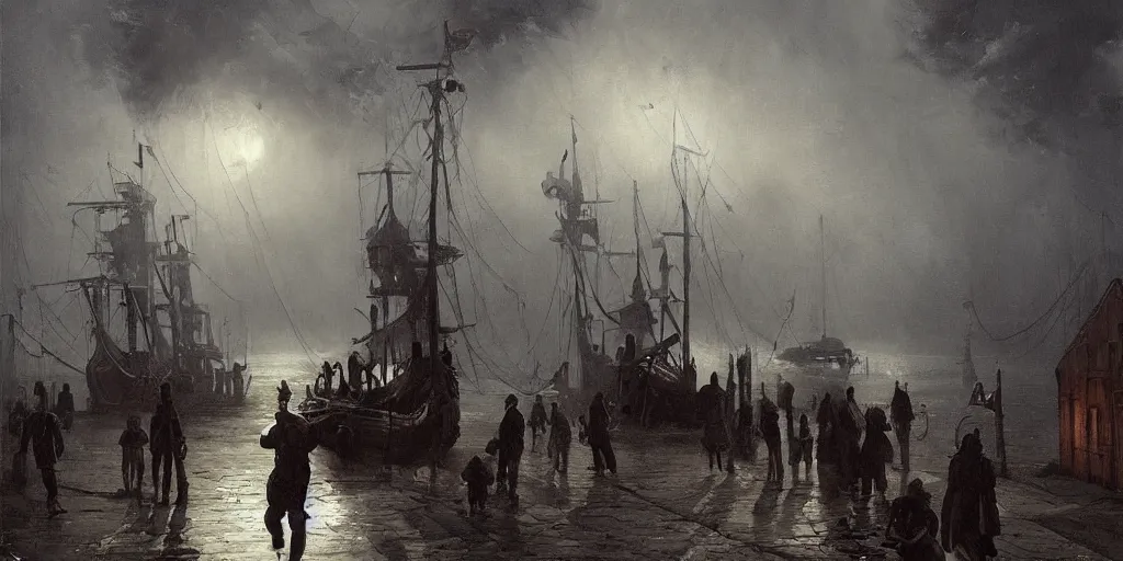 Image similar to streets of innsmouth during the night by the ocean, lovecraftian atmosphere, sailors standing up in front of the house, mutant fishmen walking in the port, mystical fog, oil on canvas, art by andreas achenbach, clemens ascher, tom bagshaw and sabbas apterus,