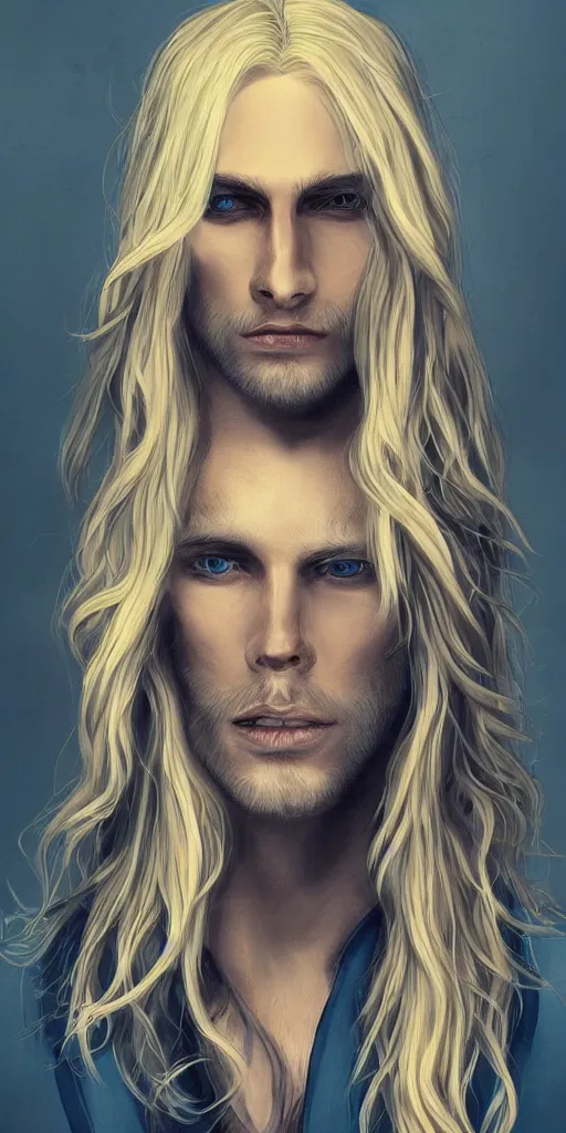 Image similar to portrait of a handsome gorgeous male satanic blonde haired hippie with long hair and blue eyes as the human prince of satan and lucifer, artstation