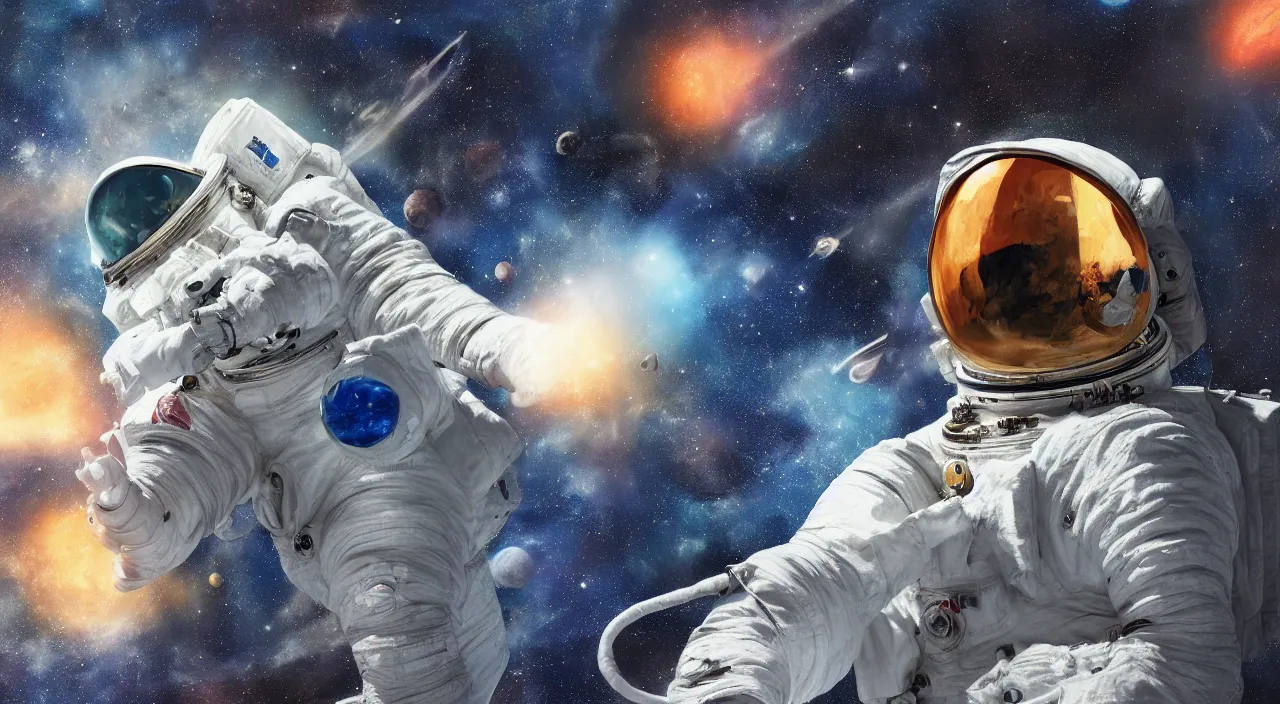 Image similar to digital painting of one astronaut in deep space, far shot