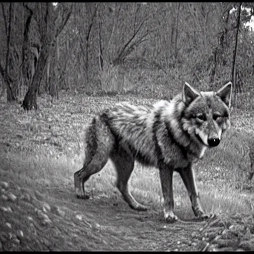 Image similar to trailcam footage of giant huge enormous wolf at night, black and white