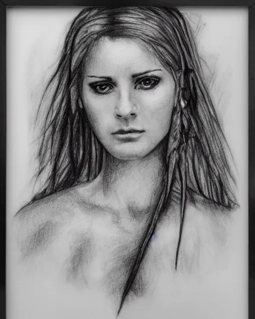 Image similar to A beautiful female warrior on a pirate ship at a deserted island, blended frame, realism pencil drawing on white paper, bald lines