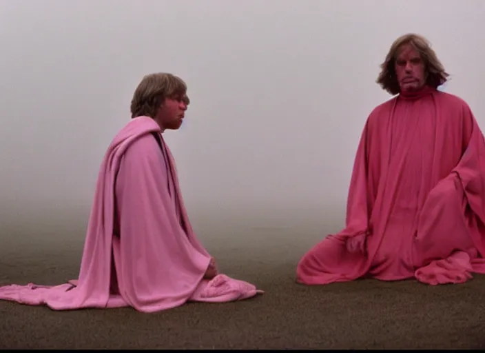 Image similar to Luke skywalker kneels before a strange jedi oracle, a mystic with infinite knowledge of time. in a foggy pink land. still from the 1983 film directed byalejandro jodorowsky. holy mountain, Photographed with Leica Summilux-M 24 mm lens, ISO 100, f/8, Portra 400