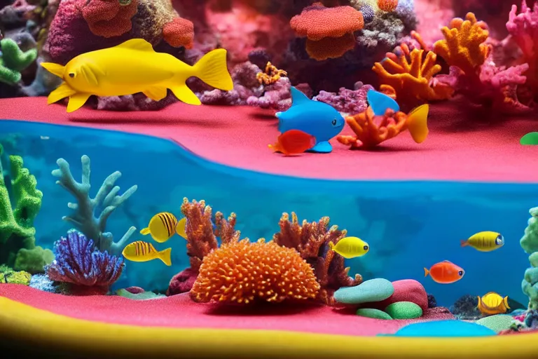 Image similar to fisher price coral reef, california, in 2 0 1 5, 8 k, scene from tv show hyper detailed 5 5 mm 8 5 mm, toy photography, made out of plastic