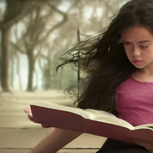 Image similar to VFX movie of a girl reading book, hair flowing down, by Michael Bay