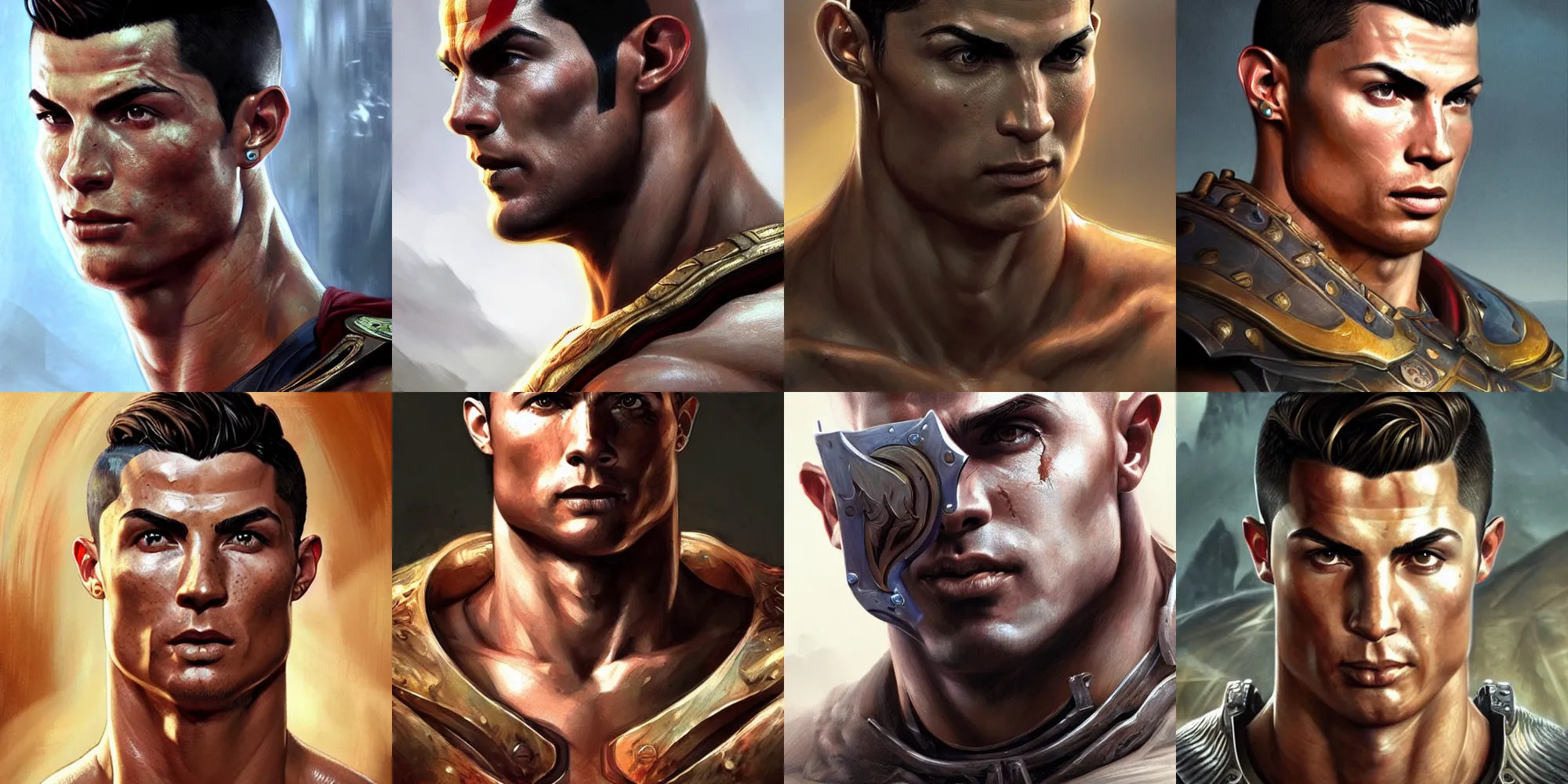 Prompt: Cristiano Ronaldo from God of War, half body portrait, videogame cover art, highly detailed, digital painting, artstation, concept art, smooth, detailed armor, sharp focus, beautiful face, illustration, art by Artgerm and greg rutkowski and alphonse mucha