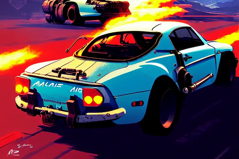 Prompt: mad max's alpine a 1 1 0 : : speeding, firing guns, lights on : : by ilya kuvshinov, rossdraws, artgerm, greg rutkowski makoto shinkai takashi takeuchi studio ghibli, akihiko yoshida : :