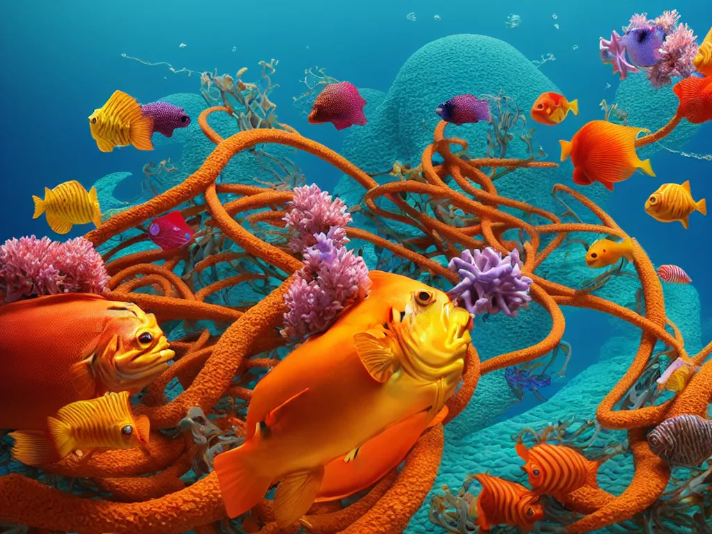 Image similar to a sculpture of fish ocean intertwined, diode lighting, a lovely cornucopia of flowers and human body parts, body parts, highly detailed, octane render, cinematic, sharp focus, clean, studio lighting, sunset, great barrier reef, at sea level