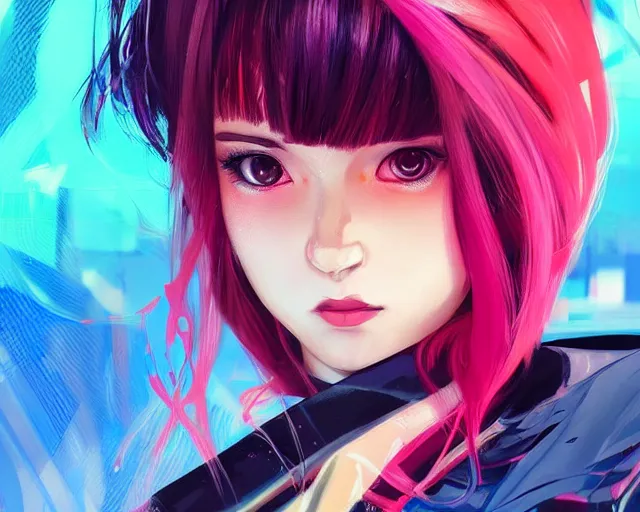 Prompt: poster woman with futuristic streetwear and hairstyle, colourful, cute face, anime eyes, dynamic portrait, intricate eyes, beautiful, elegant, Anime by Kuvshinov Ilya, Cushart Krentz and Gilleard James, 4k, HDR, Trending on artstation, Behance, Pinterest, award winning