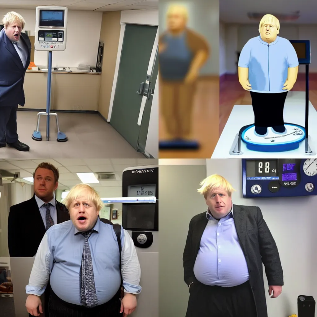 Prompt: morbidly obese boris johnson standing on a weighing scale, extremely fat, doctors office