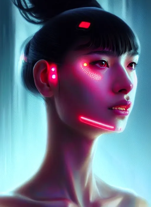 Image similar to photorealistic an oriental female humanoid with freckle cheeks, cyber neon lightings, futurism, cyberpunk high fashion, elegant profile pose, intricate details, crispy quality, digital photography, trending in artstation, trending in pinterest, no watermark signature, cinematic, 4 k ultra hd, art by artgerm, art by greg rutkowski, art by pascal blanche