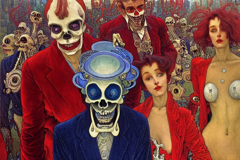 Image similar to realistic detailed closeup portrait painting of a single skeleton wearing red velvet blazer in a crowded futuristic moscow street by Jean Delville, Amano, Yves Tanguy, Alphonse Mucha, Ernst Haeckel, Edward Robert Hughes, Roger Dean, rich moody colours, blue eyes