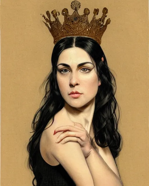 Image similar to portrait of a tall 4 0 - year - old woman with thin lips, long, lush black hair like a crown black, and thick eyebrows, wearing in black clothes, aristocratic appearance, hyper realistic face, beautiful eyes, close up, fantasy art, in the style of greg rutkowski, intricate, alphonse mucha, hyper detailed, smooth