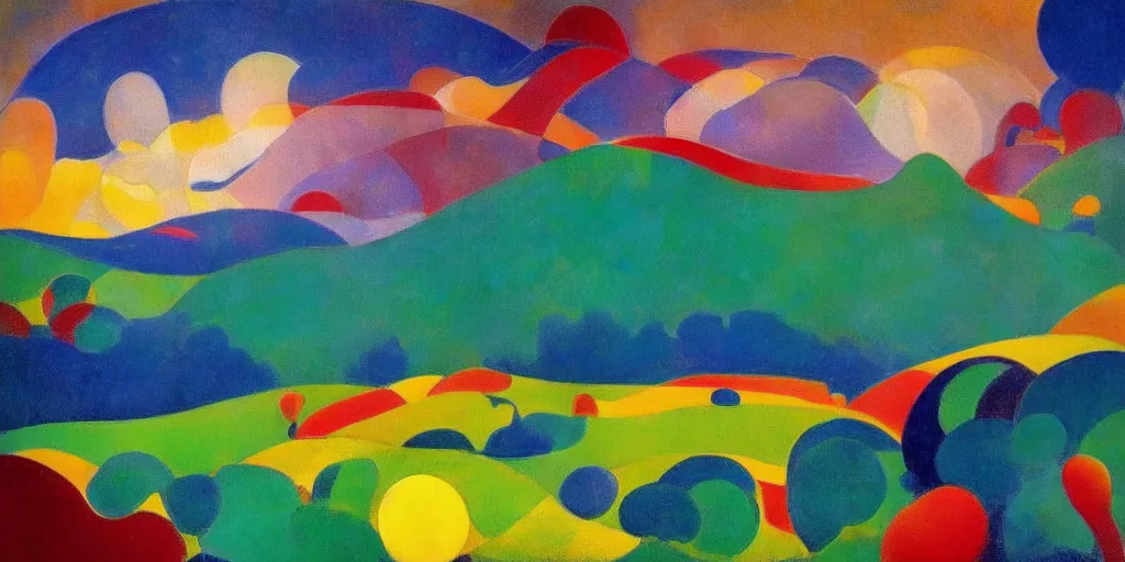 Image similar to A modernist landscape painting. Wild energy patterns rippling in all directions. Curves, zig-zags. Organic. Mountains. Clouds. Vegetation. Rushing water. Waves. LSD. Fauvism. Odilon Redon. Agnes Pelton. Peter Max.