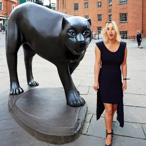 Prompt: A film still of Kaley Cuoco under the Eastgate clock in Chester. Behind her we see a black panther,70mm