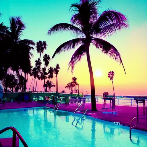 Image similar to hotel california, motel, swimmingpool, sunset, palms, beach, sunset, vaporwave, pink, blue, green, purple, aesthetic.