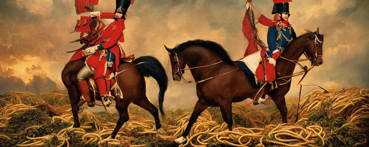 Image similar to napoleon bonaparte on a horse, in front of a mound of spaghetti, on the battle field, high detail, canon 5 0 mm, cinematic lighting, photography, retro, film, kodachrome