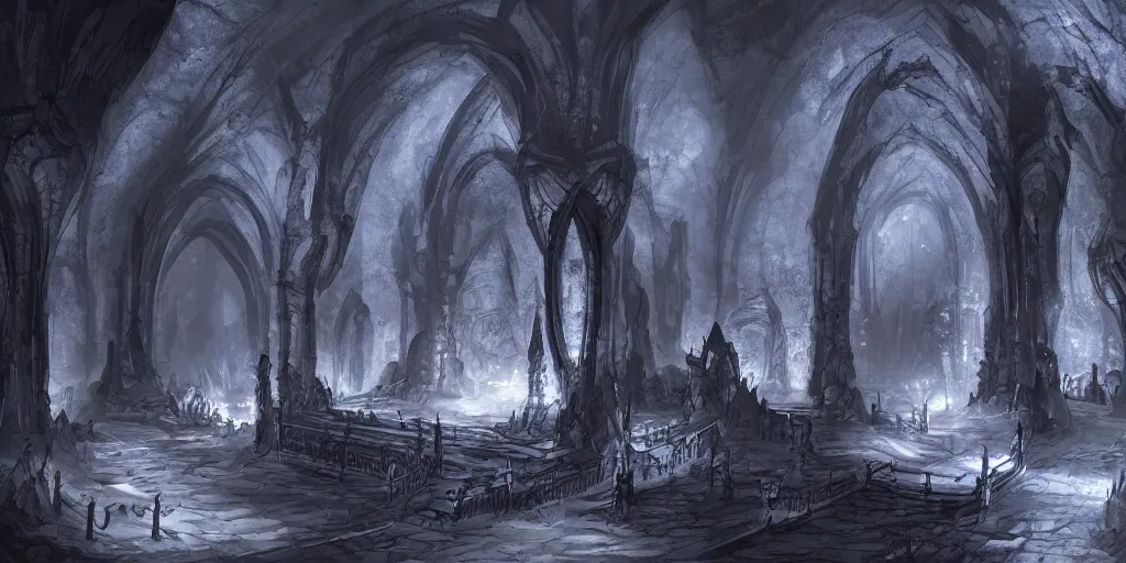 Prompt: one black gothic citadel in an underdark cavern, concept art