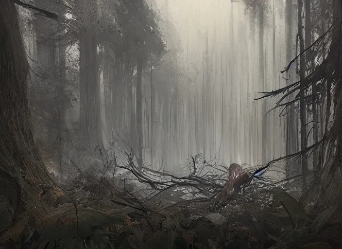 Prompt: a forest made of hair that never stops growing, concept art, art by greg rutkowski, thriller scene