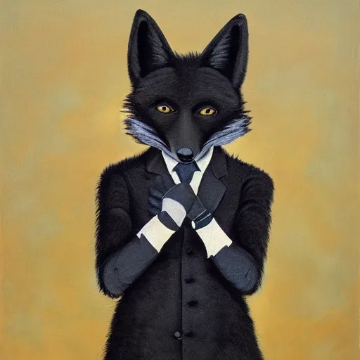 Image similar to portrait of a male anthro anthropomorphic black fox furry fursona with hands on eyes, wearing a suit, 1 9 7 0 s oil on canvas painting, by famous artist jylon denja