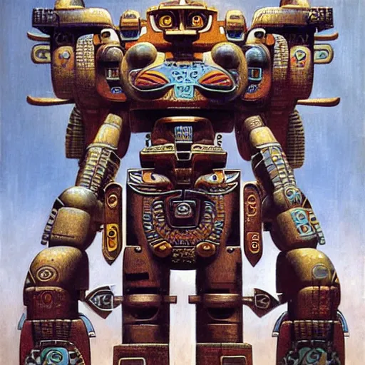 Image similar to elaborate mayan art deco mecha by j. c. leyendecker, barlowe, makoto kobayashi, and beksinski