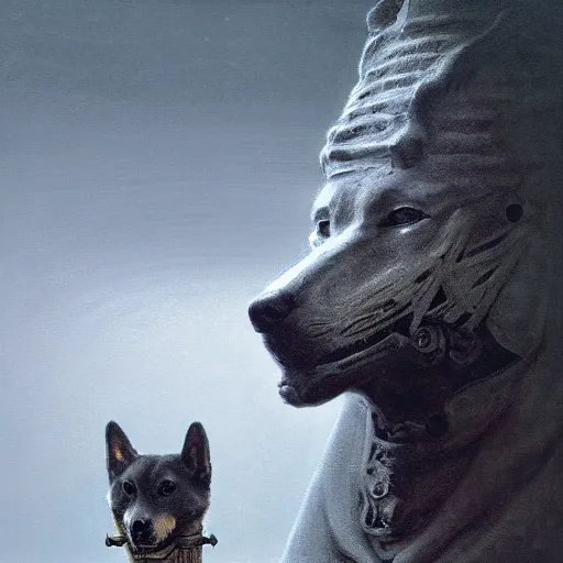 Image similar to armor made of bones, anthropomorphic shiba inu, stuning 3 d render, masterpiece, glowing black aura, foggy dark, by donato giancola and greg rutkowski and wayne barlow and zdzisław beksinski, realistic face