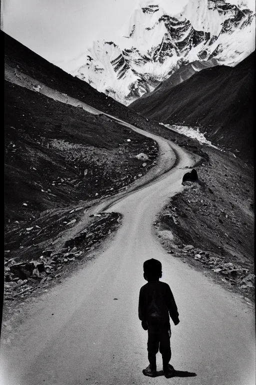 Prompt: photo polaroid of a sad and lonely child in the middle of a mountain road , Nepal,Himalayas, loneliness,,tahr , black and white ,photorealistic, 35mm film,