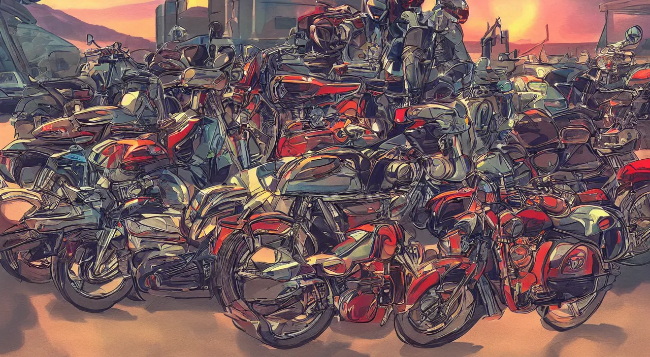 Prompt: motorcycles parked outside gas station south west sunset beautiful artstation 4 k breathtaking concept art illustration cartoon by jack kirby