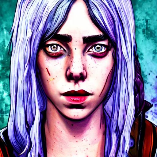 Image similar to billie eilish portrait, borderlands, tales from the borderlands, the wolf among us, comic, cinematic lighting, studio quality, 8 k