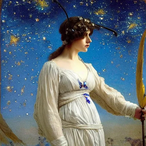 Prompt: the photograph features a woman with wings made of stars, surrounded by a blue and white night sky. the woman is holding a staff in one hand, and a star in the other. she is wearing a billowing white dress, and her hair is blowing in the wind. cool yellow by lawrence alma - tadema, by martine johanna mournful, cgi