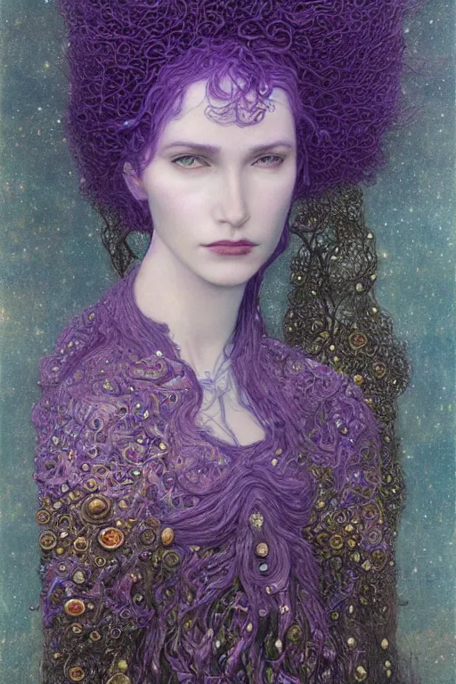 Image similar to portrait of beautiful gothic young mainem, thunderstorm, cyber armor, a lot of scars, more and more flowers, purple head, the middle ages, highly detailed, artstation, illustration, art by jean delville, 8 k quality, art by greg gandy and dragan bibin, gustav klimt