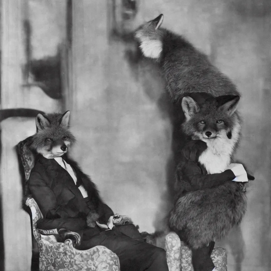 Prompt: anthropomorphic fox in suit sitting in the lobby of a luxury hotel, anthro, furry, 1 9 2 0 s photograph